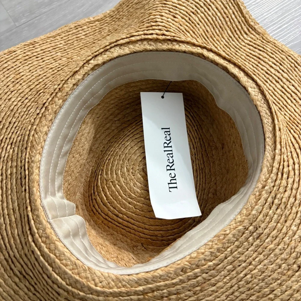 Woven Straw Hat Women Wide Brim Tan with Black Ribbon Bow Accent Summer Beach